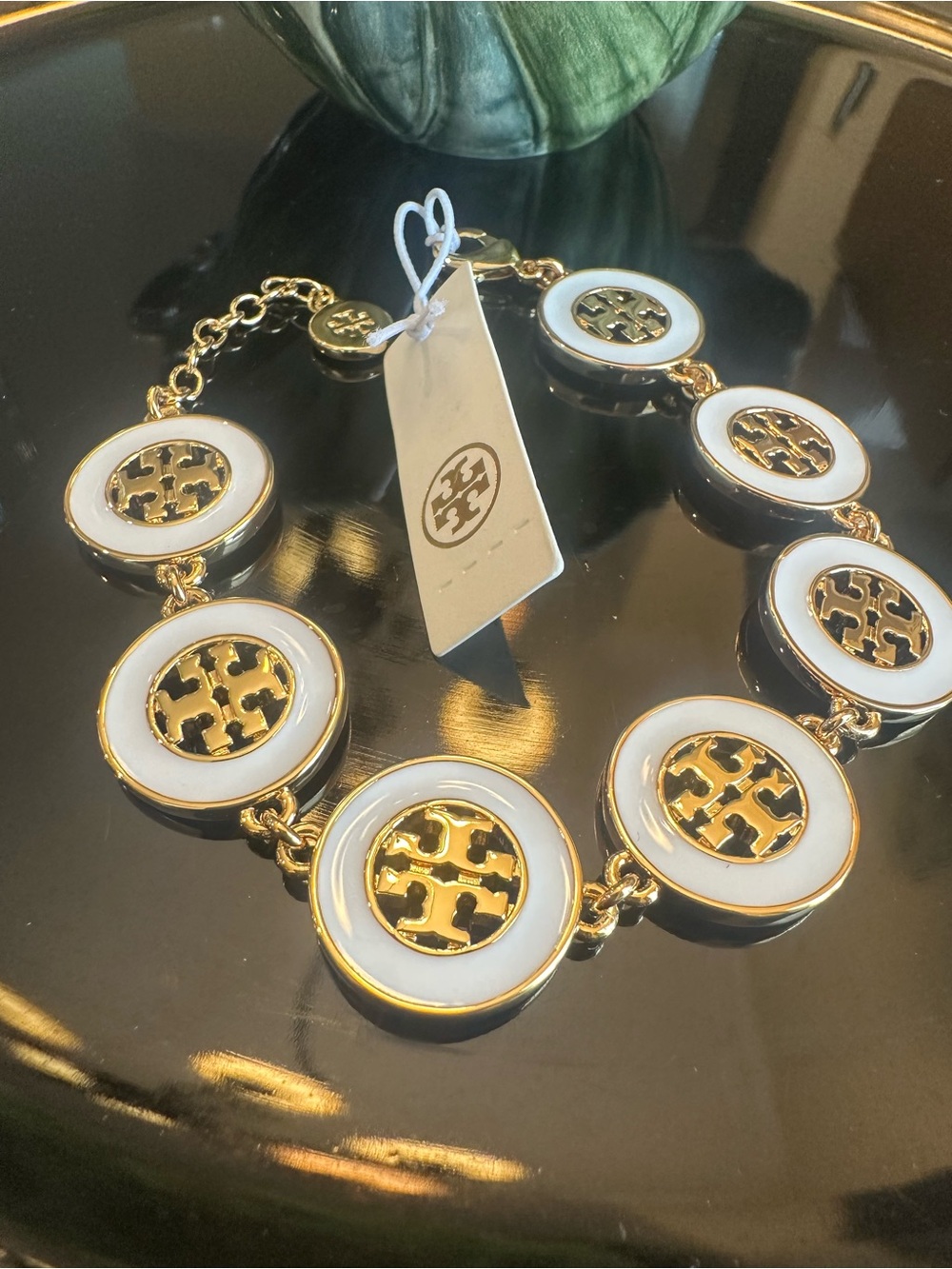 NWT Tory Burch Enamel Hollow Round Logo Link Bracelet Gold & White